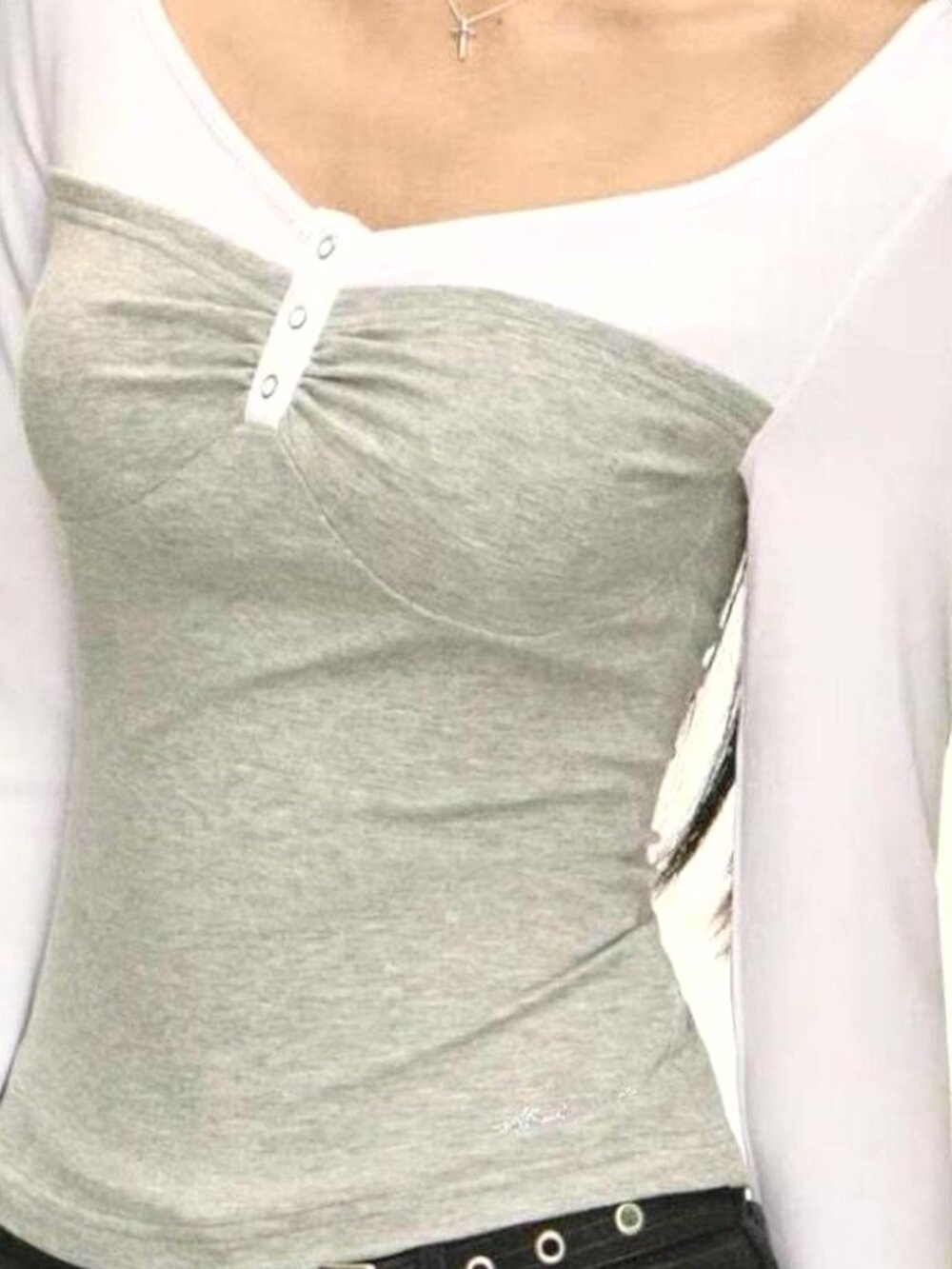Gray White Colorblock Snap Button Long Sleeve Top Size S